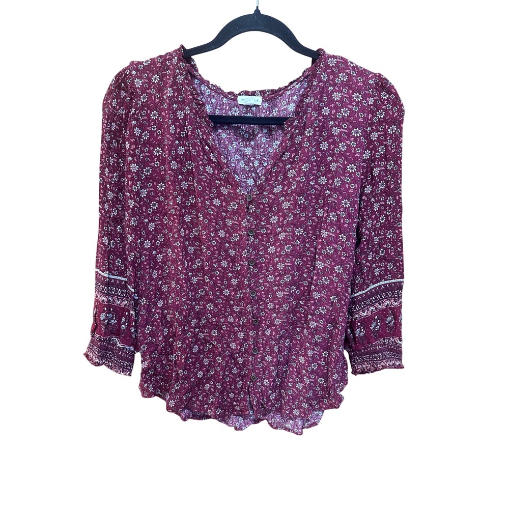 Mason & Belle Womens Floral V-Neck Button Down Blouse Burgundy 3/4 Sleeve Large